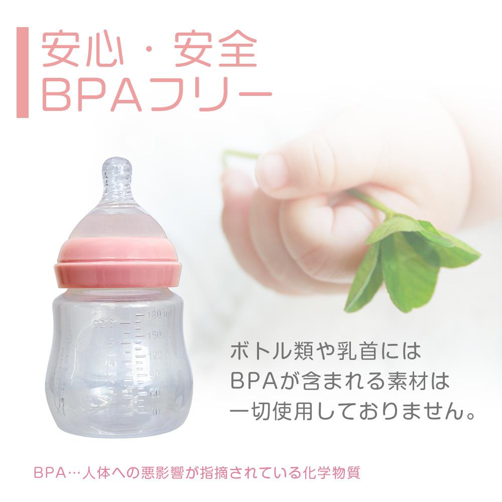 安心・安全BPAフリー。 ボトル類や乳首にはBPAが含まれている素材は一切使用しておりません。